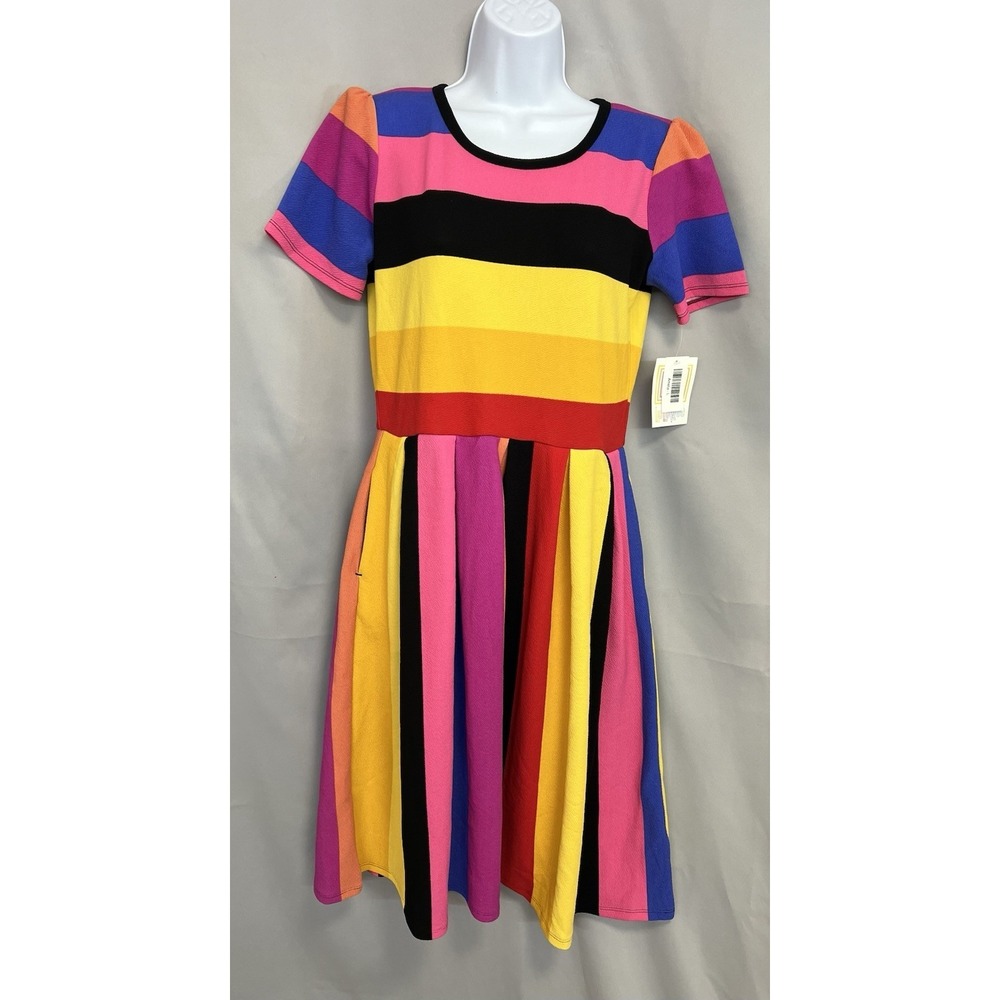 LULAROE Amelia Dress Women‎ Zipper Pleat Pocket Sz Large Multicolor New